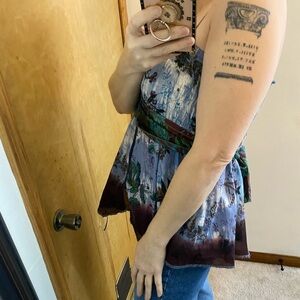 Free People Y2K Silk Smocked Butterfly Handkerchief Hem Tropical Top